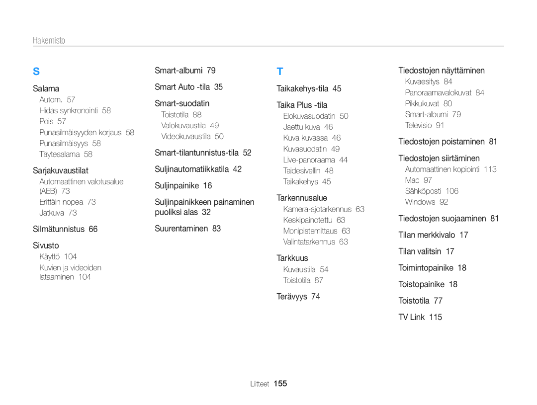 Samsung EC-WB150FBPWE2 Automaattinen valotusalue AEB Erittäin nopea 73 Jatkuva, Käyttö 104 Kuvien ja videoiden lataaminen 