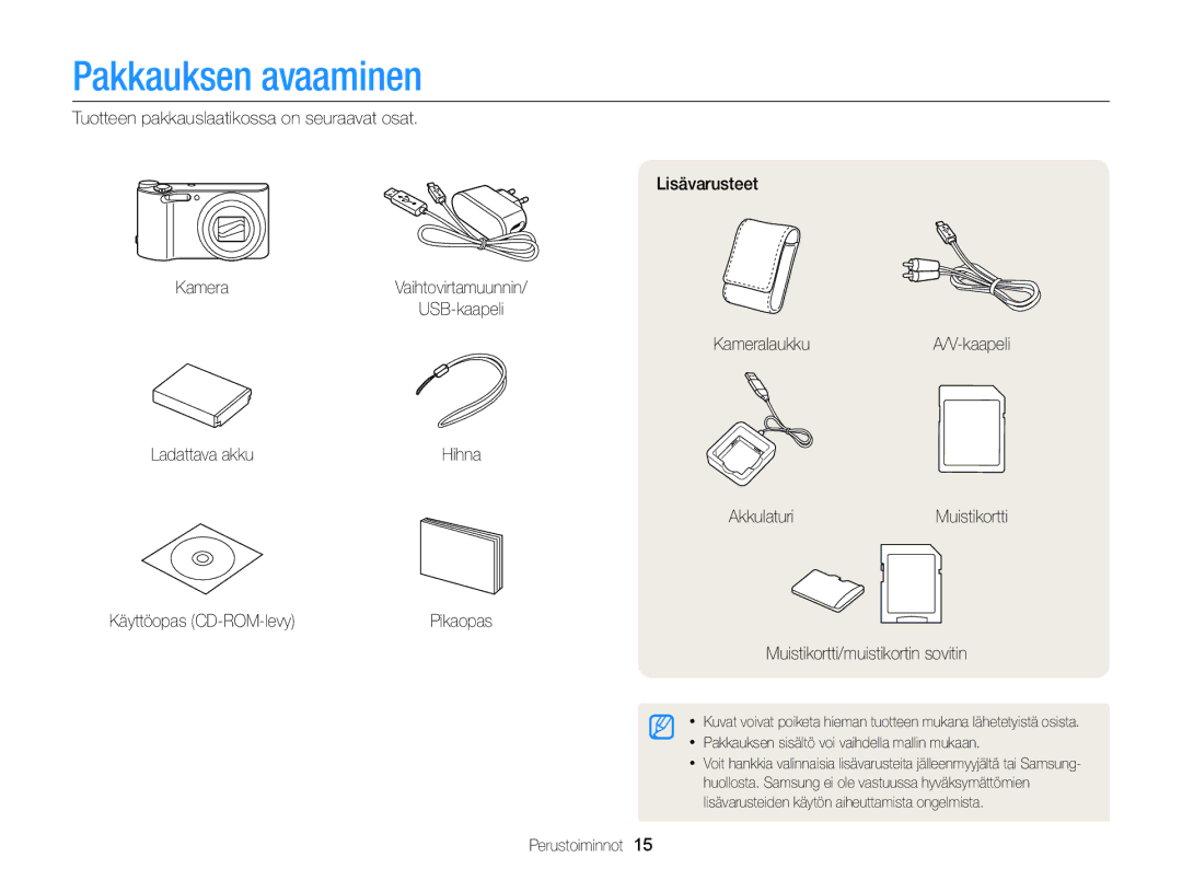 Samsung EC-WB150FBPBE2, EC-WB150FBPWE2 Pakkauksen avaaminen, AkkulaturiMuistikortti Käyttöopas CD-ROM-levy, Perustoiminnot 