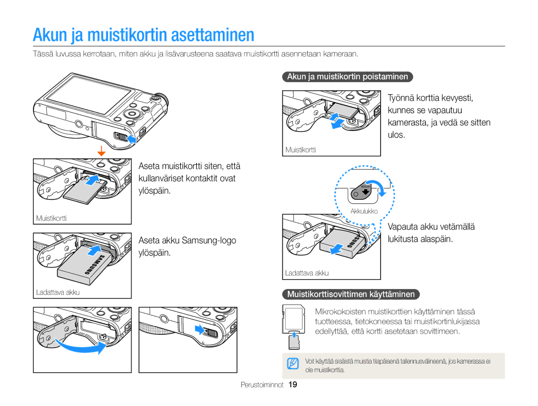 Samsung EC-WB150FBPRE2 manual Akun ja muistikortin asettaminen, Vapauta akku vetämällä, Ylöspäin, Lukitusta alaspäin 