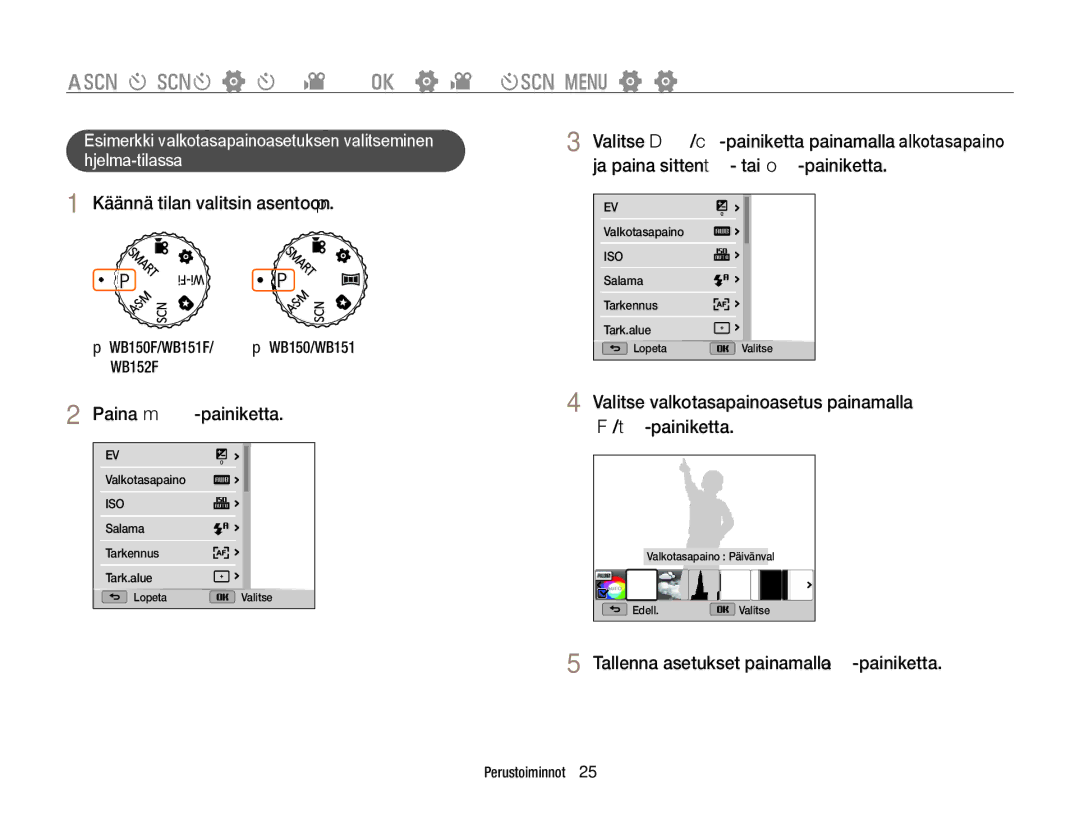 Samsung EC-WB150FBPRE2 manual Asetusten tai valikkojen valitseminen, Käännä tilan valitsin asentoon p, Paina m-painiketta 