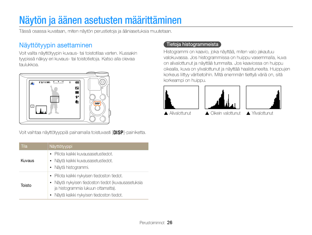 Samsung EC-WB150FBPWE2 manual Näytön ja äänen asetusten määrittäminen, Näyttötyypin asettaminen, Tietoja histogrammeista 