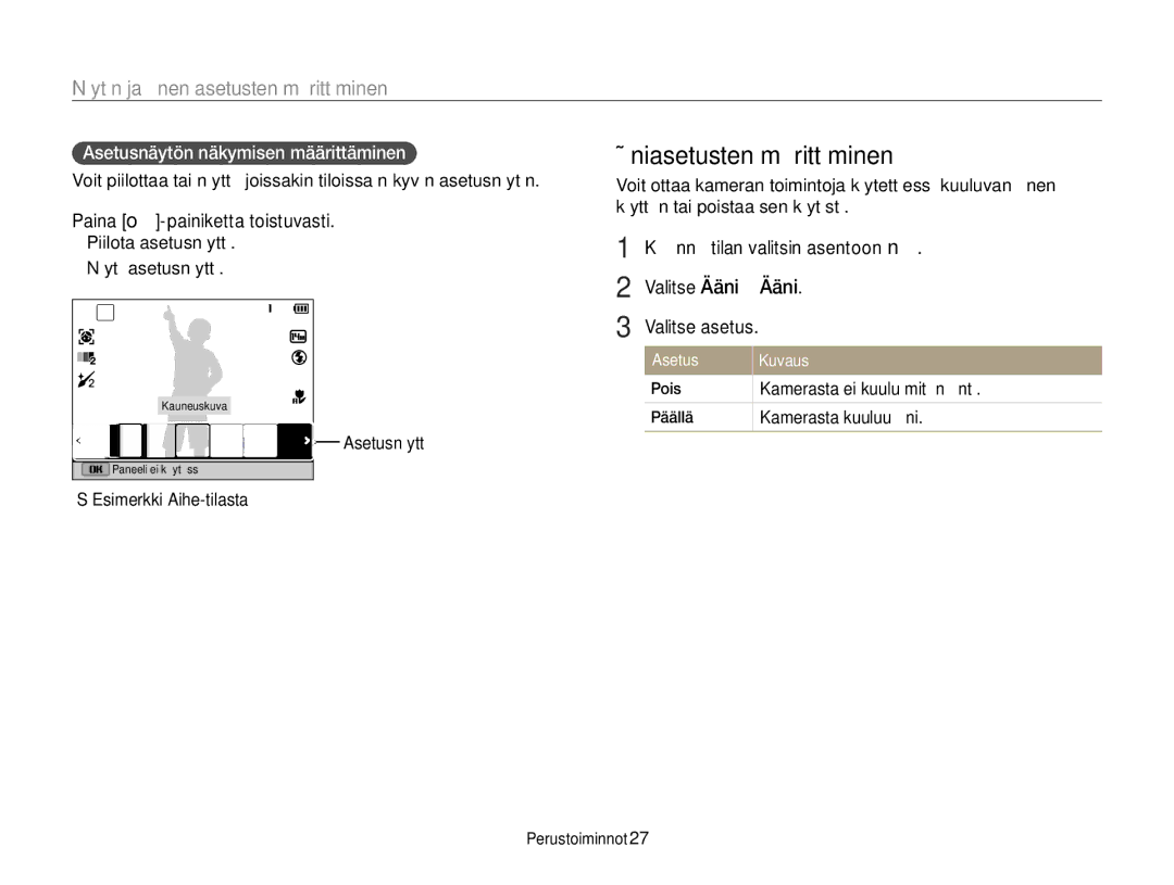 Samsung EC-WB150FBPBE2, EC-WB150FBPWE2 manual Ääniasetusten määrittäminen, Näytön ja äänen asetusten määrittäminen, Asetus 