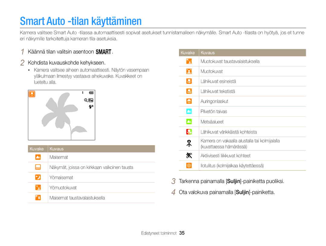 Samsung EC-WB150FBPWE2, EC-WB150FBPBE2, EC-WB150FBPRE2 manual Smart Auto -tilan käyttäminen, Edistyneet toiminnot 