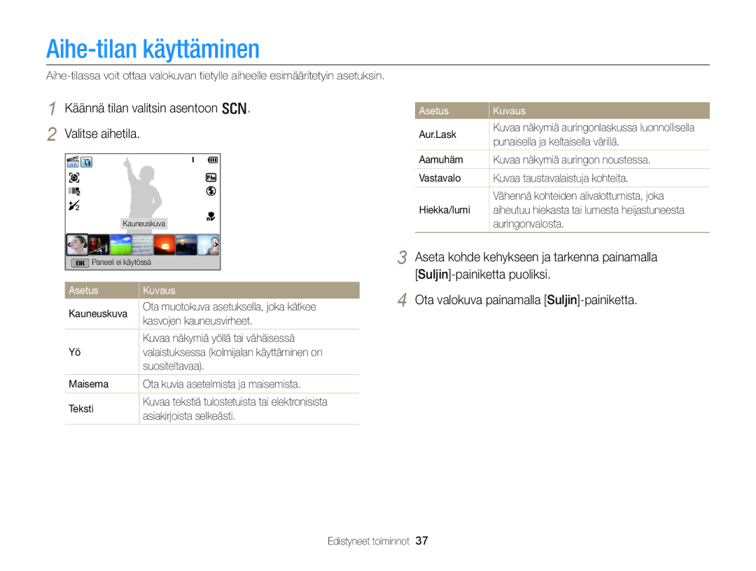 Samsung EC-WB150FBPRE2 manual Aihe-tilan käyttäminen, Käännä tilan valitsin asentoon s Valitse aihetila, Asetus Kuvaus 