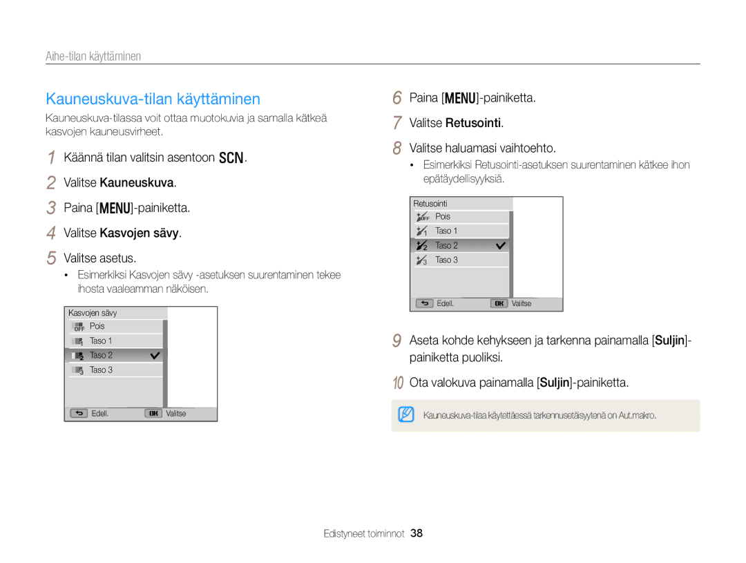 Samsung EC-WB150FBPWE2, EC-WB150FBPBE2, EC-WB150FBPRE2 manual Kauneuskuva-tilan käyttäminen, Aihe-tilan käyttäminen 