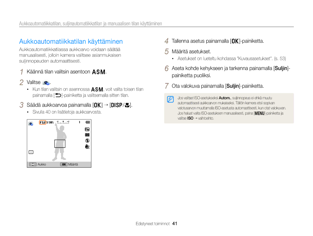 Samsung EC-WB150FBPWE2 manual Aukkoautomatiikkatilan käyttäminen, Tallenna asetus painamalla o-painiketta Määritä asetukset 