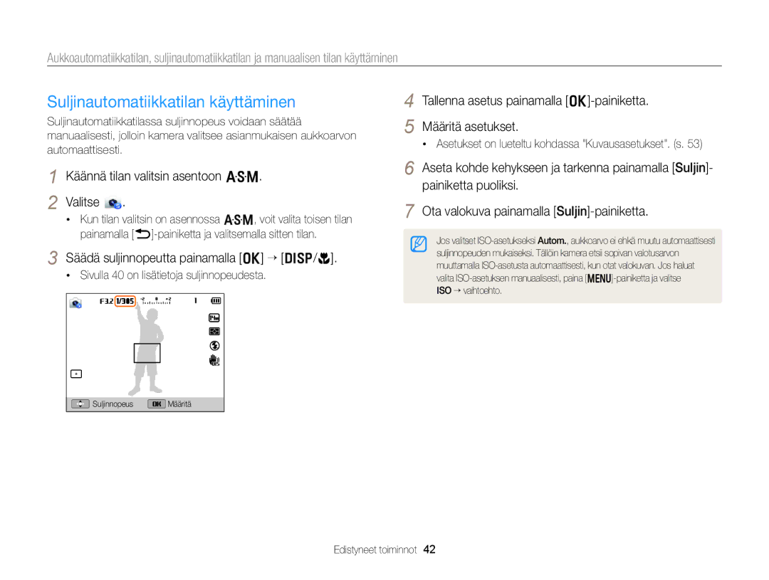 Samsung EC-WB150FBPBE2, EC-WB150FBPWE2 manual Suljinautomatiikkatilan käyttäminen, Säädä suljinnopeutta painamalla o “ D/c 