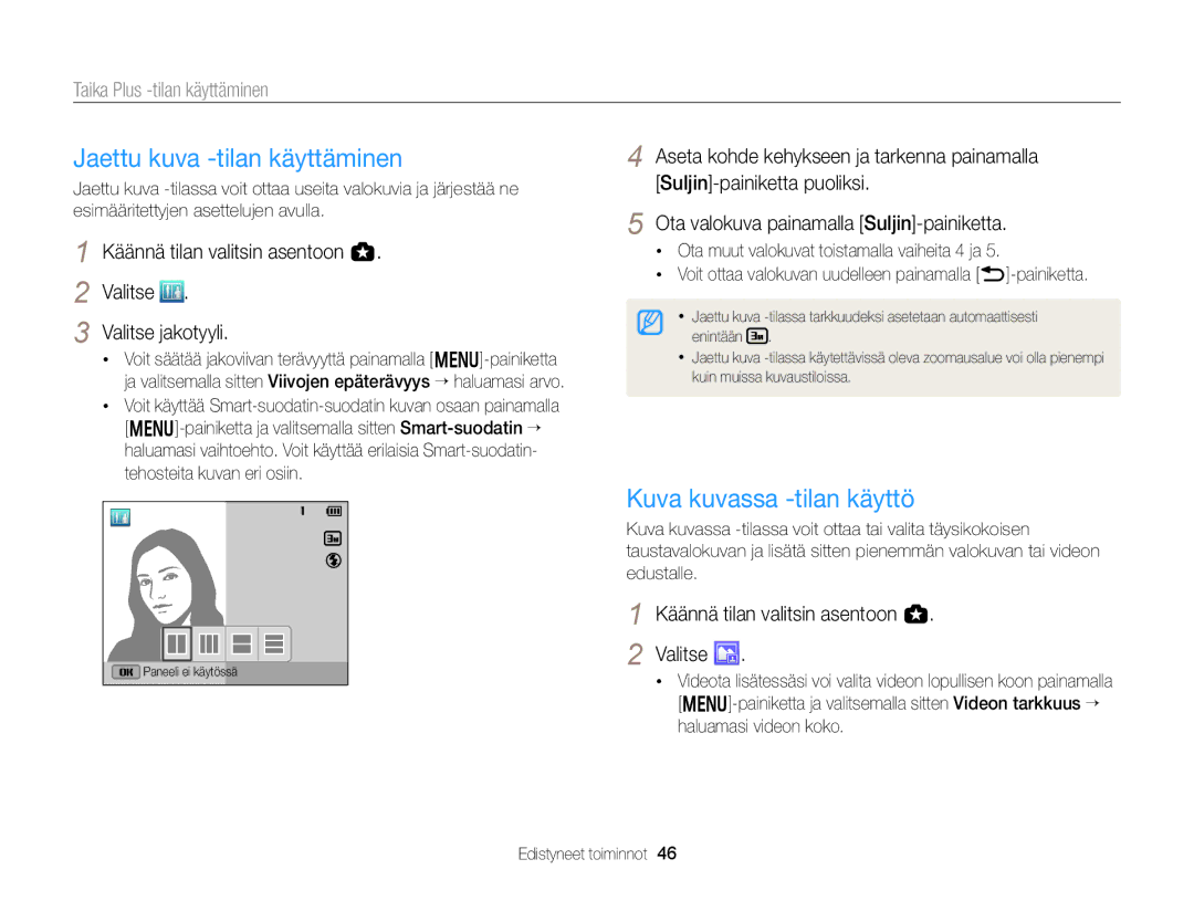 Samsung EC-WB150FBPRE2, EC-WB150FBPWE2, EC-WB150FBPBE2 manual Jaettu kuva -tilan käyttäminen, Kuva kuvassa -tilan käyttö 