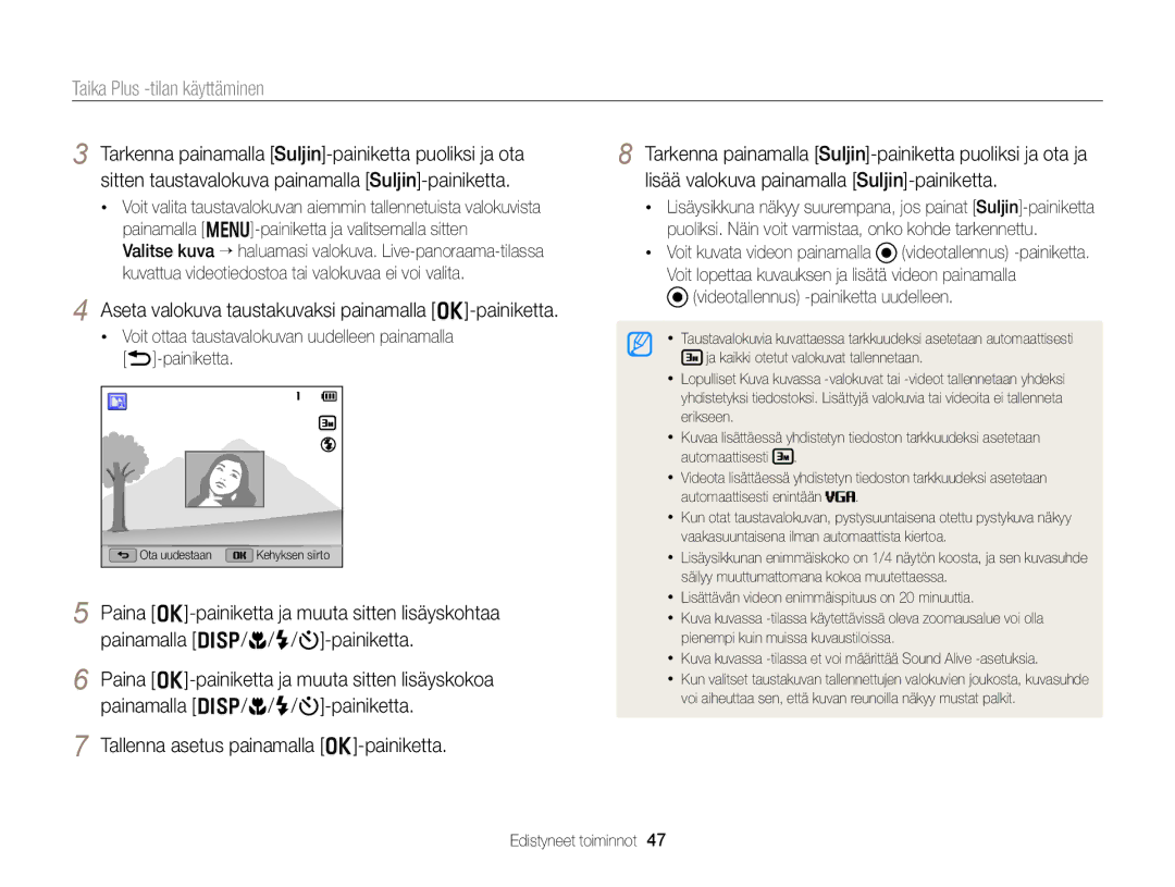 Samsung EC-WB150FBPWE2 manual Aseta valokuva taustakuvaksi painamalla o-painiketta, Videotallennus -painiketta uudelleen 