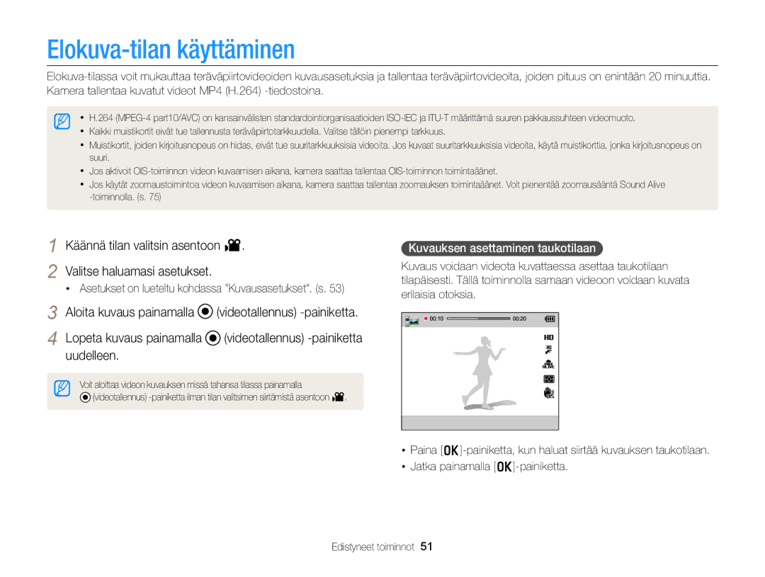 Samsung EC-WB150FBPBE2 manual Elokuva-tilan käyttäminen, Käännä tilan valitsin asentoon Valitse haluamasi asetukset 