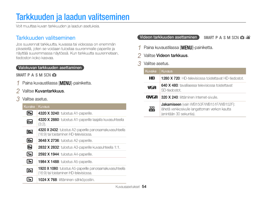 Samsung EC-WB150FBPBE2 manual Tarkkuuden ja laadun valitseminen, Tarkkuuden valitseminen, Valokuvan tarkkuuden asettaminen 