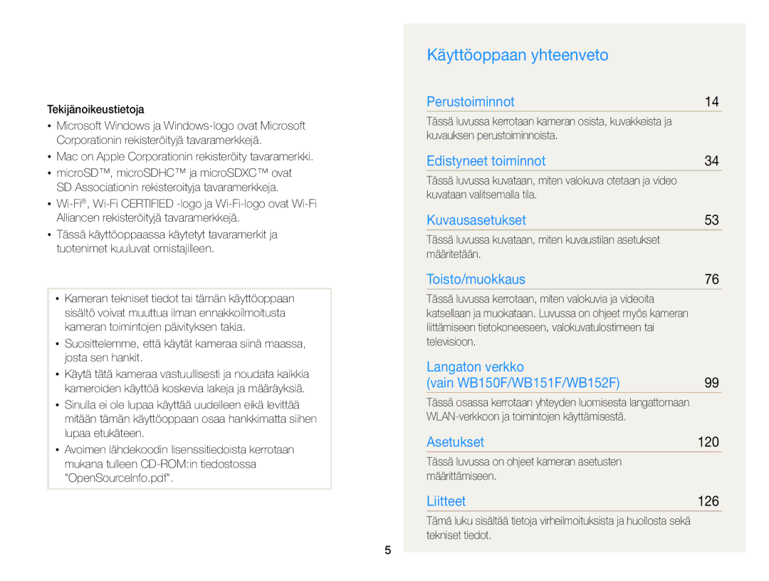 Samsung EC-WB150FBPWE2, EC-WB150FBPBE2, EC-WB150FBPRE2 manual Käyttöoppaan yhteenveto, 120, 126 