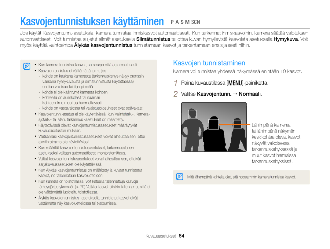 Samsung EC-WB150FBPRE2, EC-WB150FBPWE2, EC-WB150FBPBE2 Kasvojentunnistuksen käyttäminen p a h M s, Kasvojen tunnistaminen 