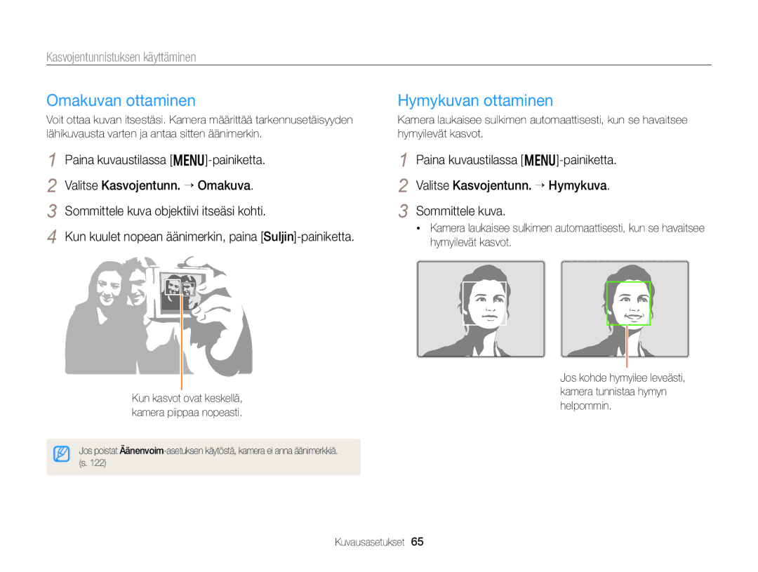 Samsung EC-WB150FBPWE2, EC-WB150FBPBE2 manual Omakuvan ottaminen, Hymykuvan ottaminen, Kasvojentunnistuksen käyttäminen 