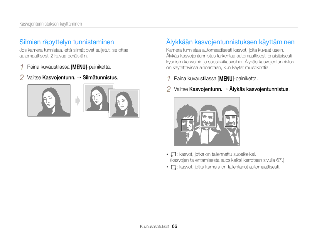 Samsung EC-WB150FBPBE2, EC-WB150FBPWE2 manual Silmien räpyttelyn tunnistaminen, Älykkään kasvojentunnistuksen käyttäminen 