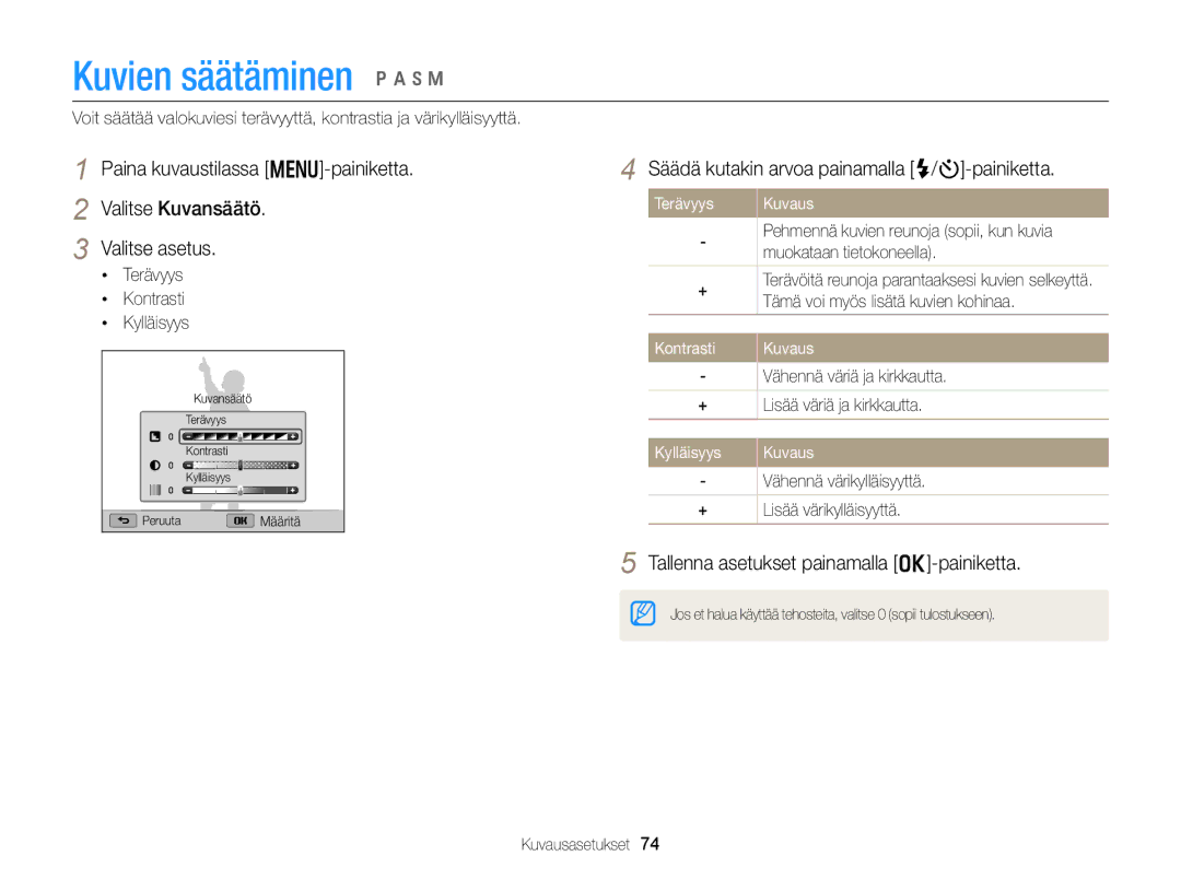 Samsung EC-WB150FBPWE2, EC-WB150FBPBE2 manual Kuvien säätäminen p a h M, Säädä kutakin arvoa painamalla F/t-painiketta 