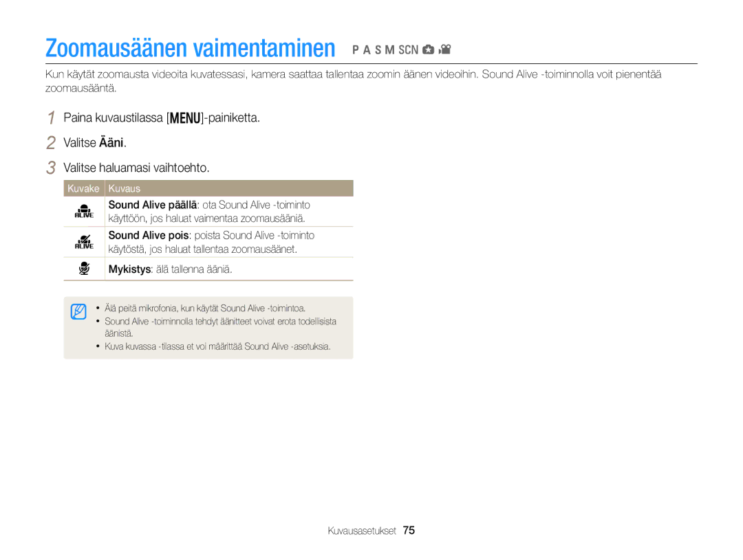 Samsung EC-WB150FBPBE2, EC-WB150FBPWE2, EC-WB150FBPRE2 Zoomausäänen vaimentaminen p a h M s g, Mykistys älä tallenna ääniä 