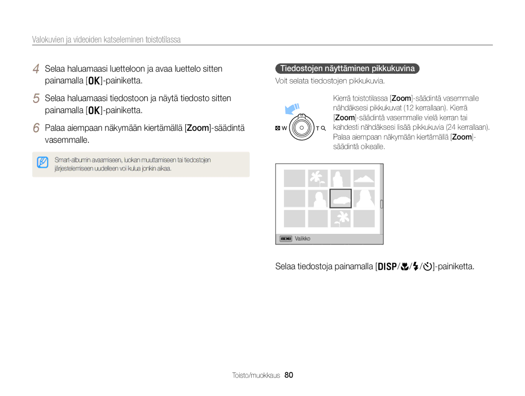 Samsung EC-WB150FBPWE2, EC-WB150FBPBE2 Selaa tiedostoja painamalla D/c/F/t-painiketta, Tiedostojen näyttäminen pikkukuvina 