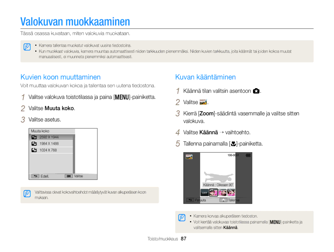 Samsung EC-WB150FBPBE2, EC-WB150FBPWE2, EC-WB150FBPRE2 Valokuvan muokkaaminen, Kuvien koon muuttaminen, Kuvan kääntäminen 