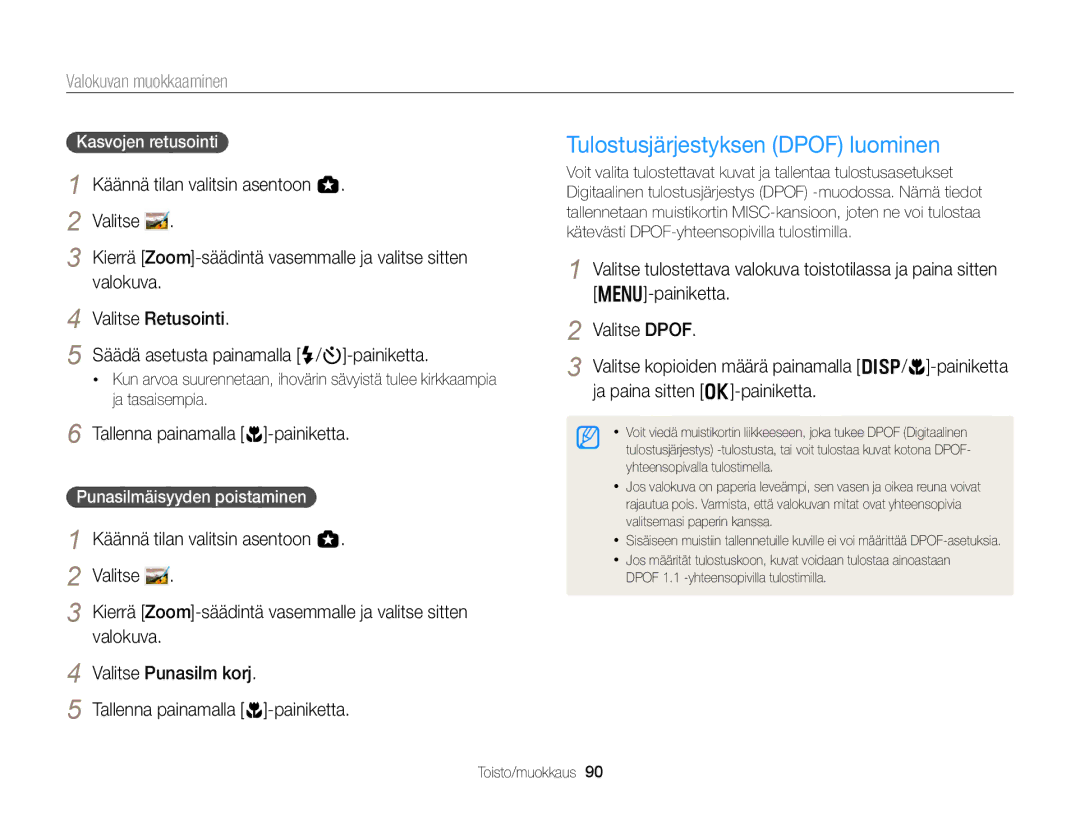 Samsung EC-WB150FBPBE2 manual Tulostusjärjestyksen Dpof luominen, Kasvojen retusointi, Punasilmäisyyden poistaminen 