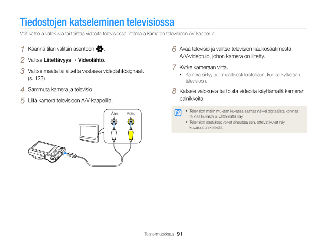 Samsung EC-WB150FBPRE2, EC-WB150FBPWE2, EC-WB150FBPBE2 manual Tiedostojen katseleminen televisiossa, Kytke kameraan virta 