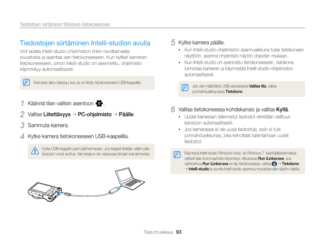 Samsung EC-WB150FBPBE2 Tiedostojen siirtäminen Intelli-studion avulla, Tiedostojen siirtäminen Windows-tietokoneeseen 