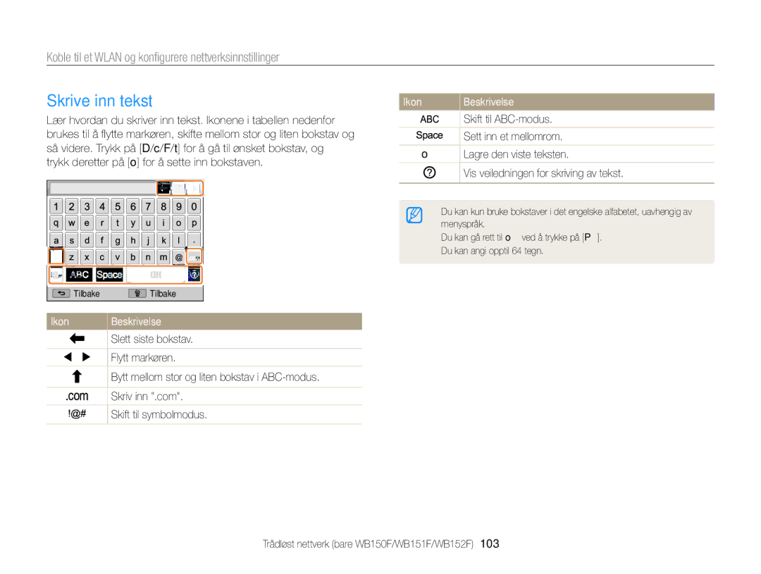 Samsung EC-WB150FBPRE2, EC-WB150FBPWE2, EC-WB150FBPBE2 manual Skrive inn tekst 