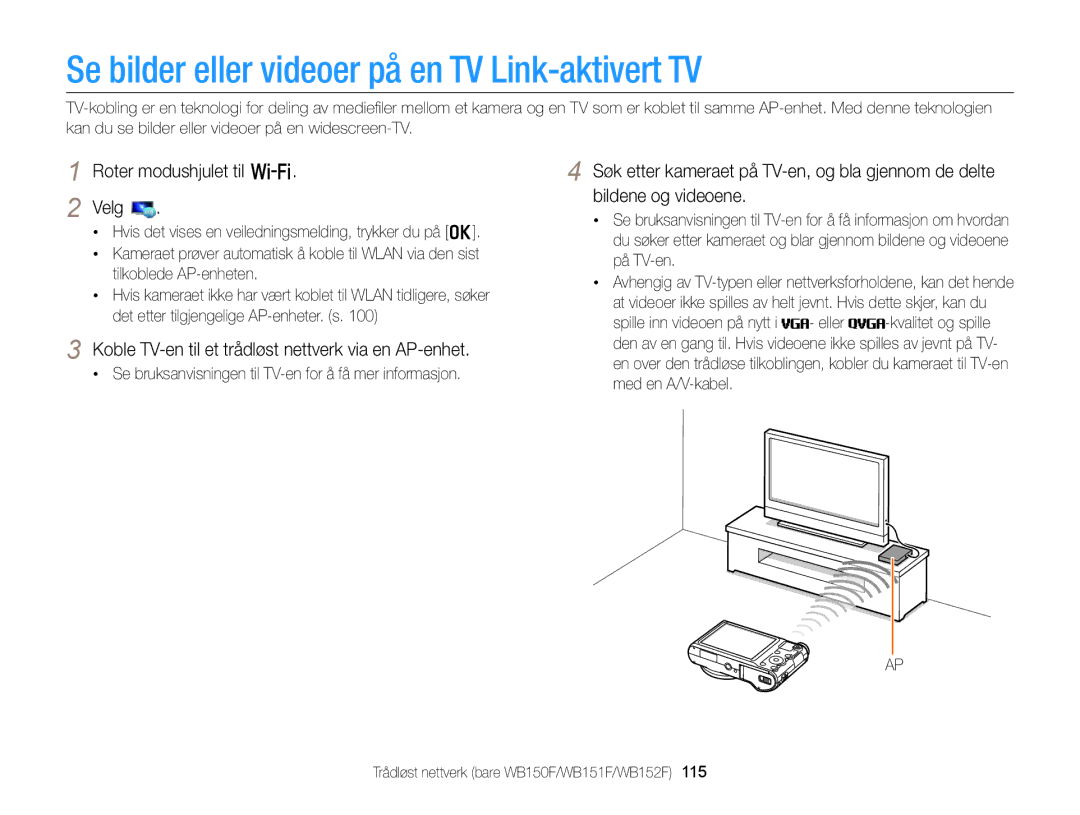 Samsung EC-WB150FBPRE2, EC-WB150FBPWE2, EC-WB150FBPBE2 manual Se bilder eller videoer på en TV Link-aktivert TV 