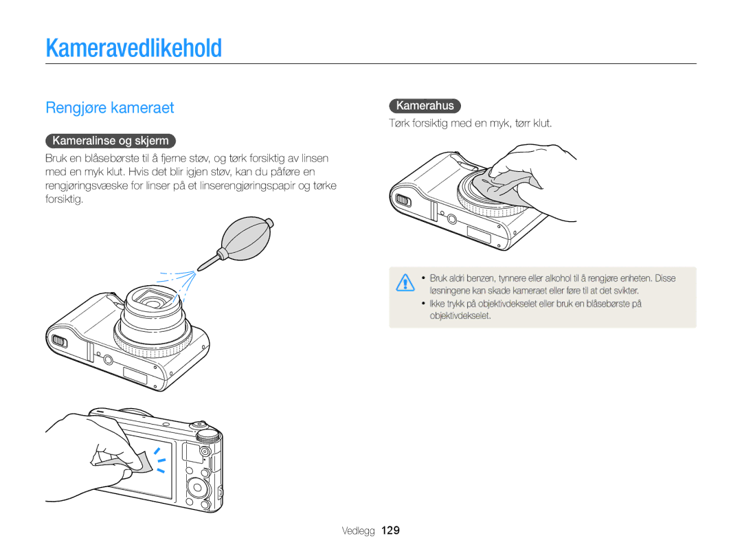 Samsung EC-WB150FBPBE2, EC-WB150FBPWE2 manual Kameravedlikehold, Rengjøre kameraet, Kameralinse og skjerm, Kamerahus 