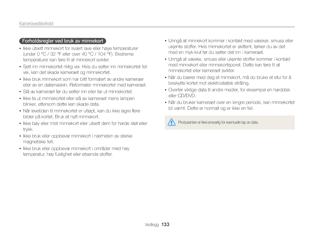 Samsung EC-WB150FBPRE2, EC-WB150FBPWE2, EC-WB150FBPBE2 manual Forholdsregler ved bruk av minnekort 