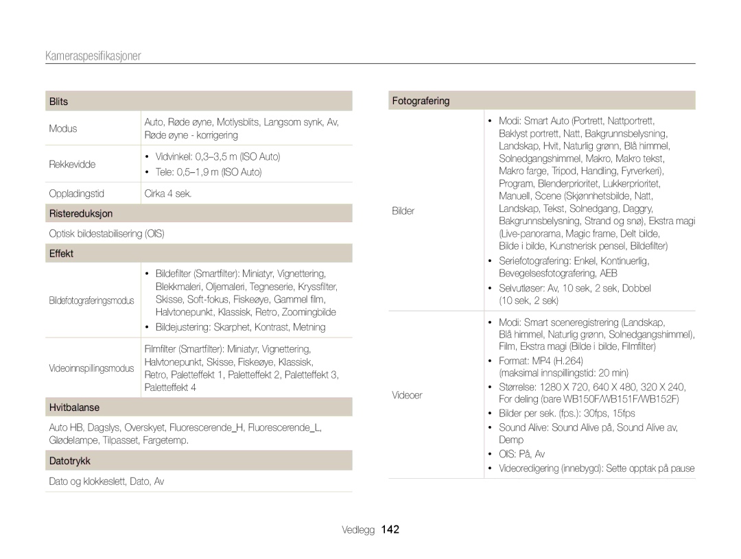 Samsung EC-WB150FBPRE2, EC-WB150FBPWE2, EC-WB150FBPBE2 manual Kameraspesiﬁkasjoner 