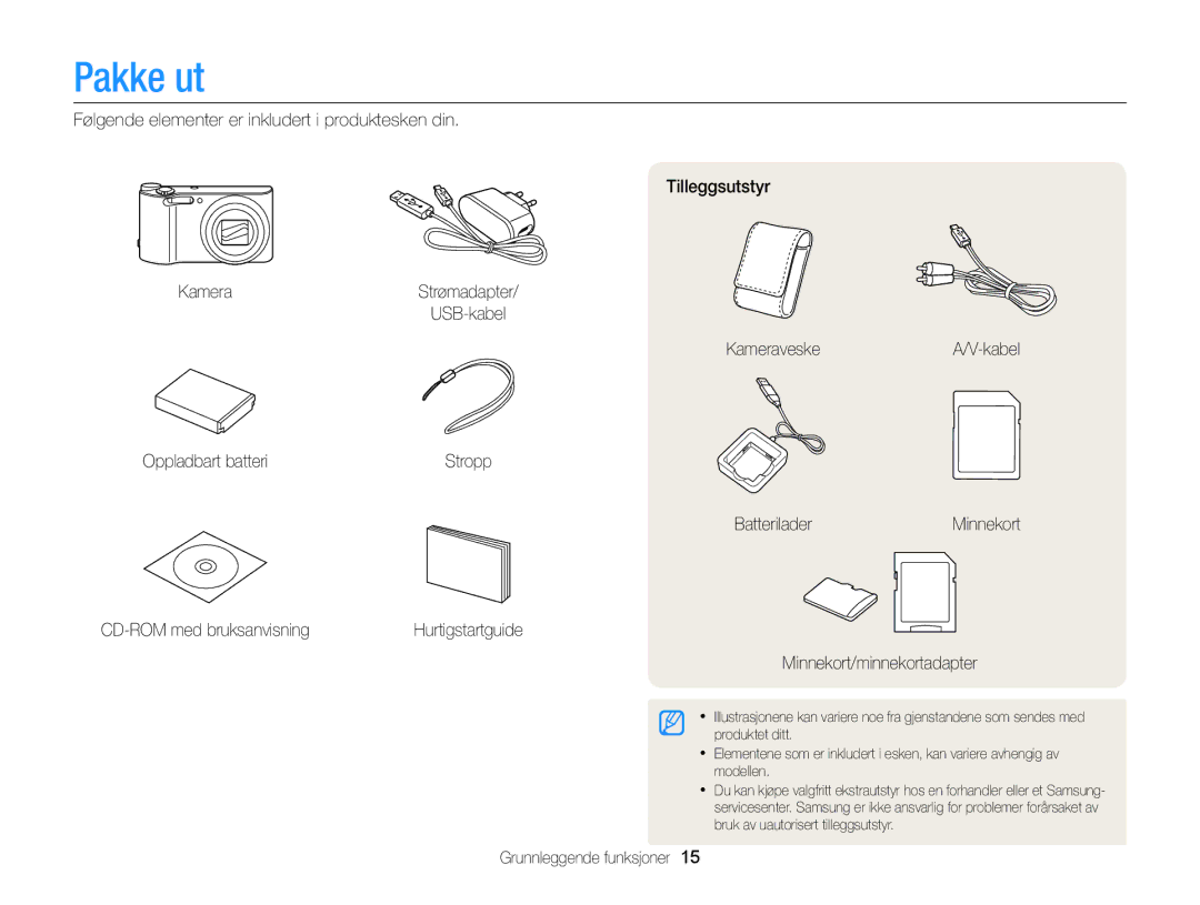 Samsung EC-WB150FBPBE2 Pakke ut, KameraveskeA/V-kabel Oppladbart batteri, BatteriladerMinnekort CD-ROM med bruksanvisning 