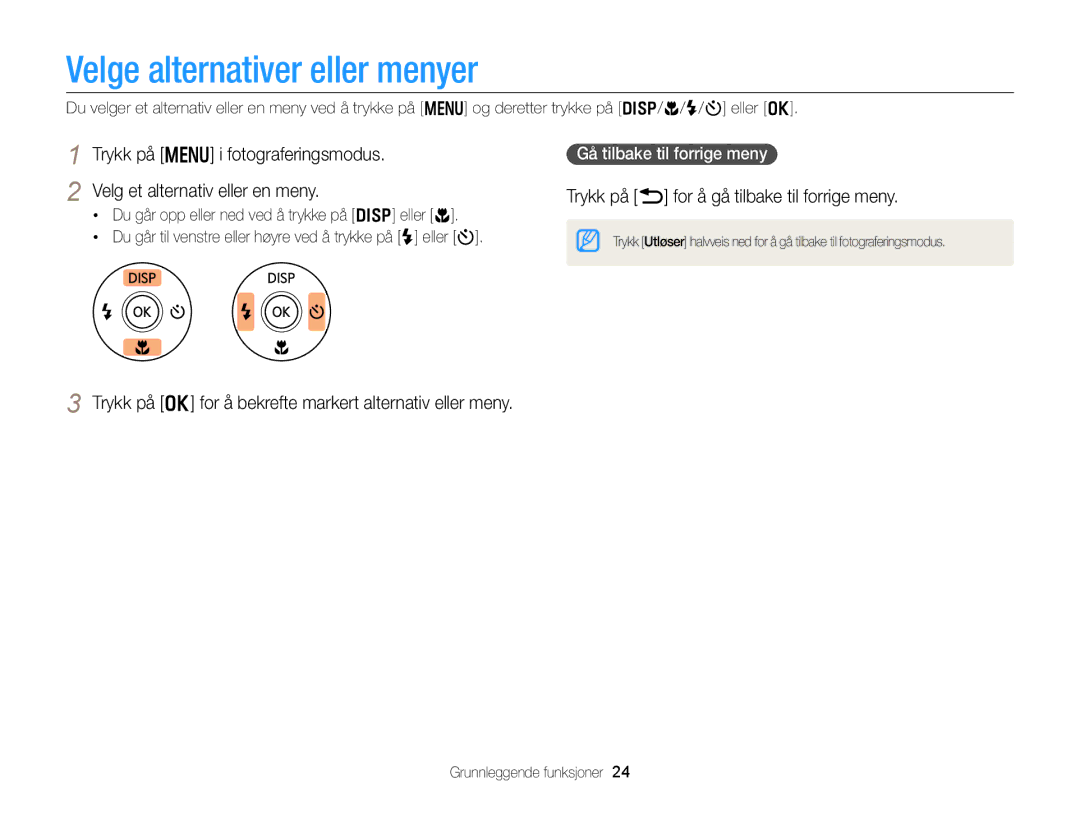 Samsung EC-WB150FBPBE2, EC-WB150FBPWE2 manual Velge alternativer eller menyer, Trykk på b for å gå tilbake til forrige meny 