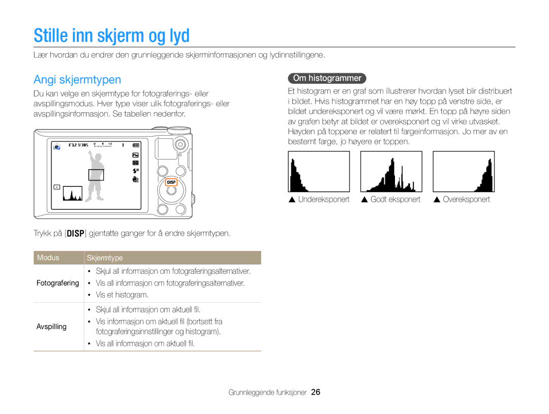 Samsung EC-WB150FBPWE2, EC-WB150FBPBE2 manual Stille inn skjerm og lyd, Angi skjermtypen, Om histogrammer, Modus Skjermtype 