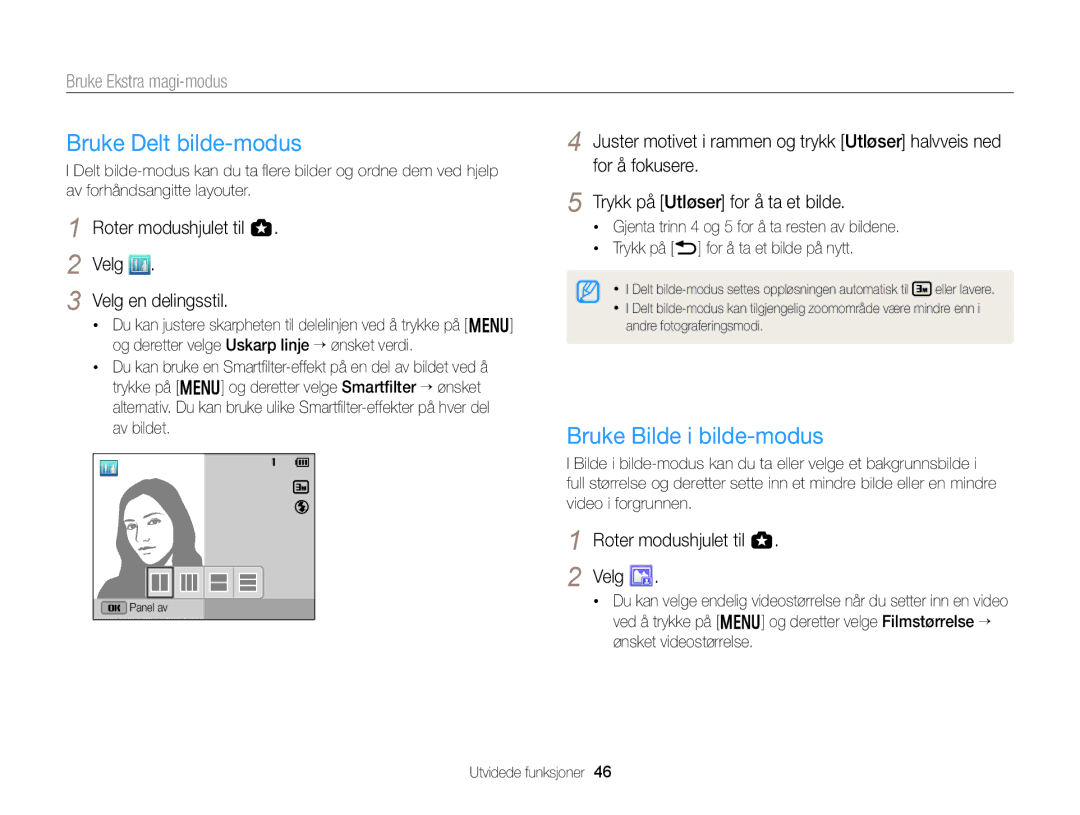 Samsung EC-WB150FBPRE2 Bruke Delt bilde-modus, Bruke Bilde i bilde-modus, Roter modushjulet til g Velg Velg en delingsstil 