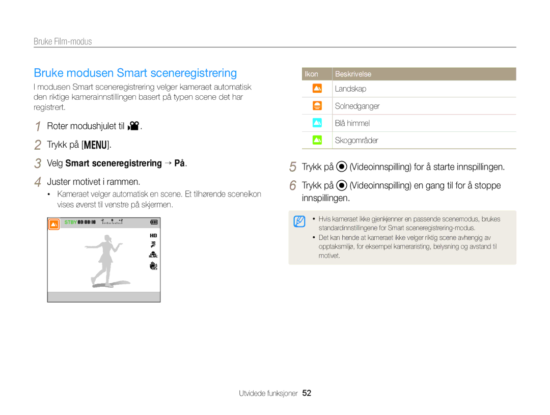 Samsung EC-WB150FBPRE2, EC-WB150FBPWE2, EC-WB150FBPBE2 manual Bruke modusen Smart sceneregistrering, Bruke Film-modus 