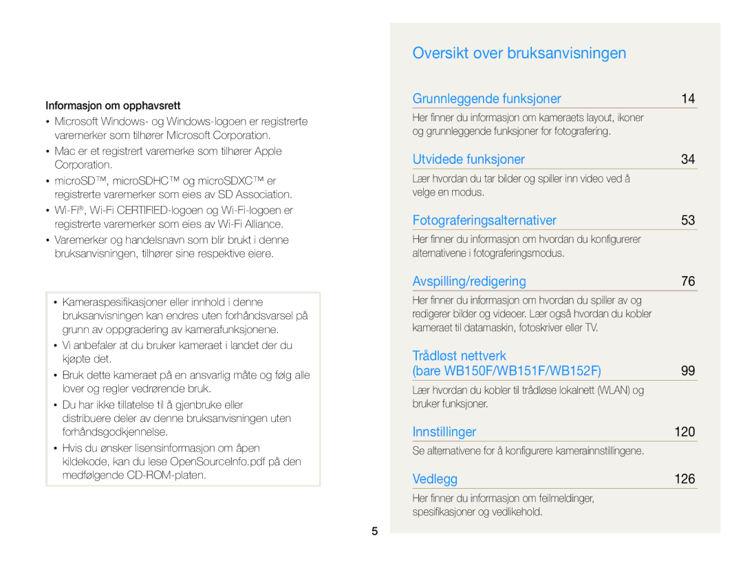 Samsung EC-WB150FBPWE2, EC-WB150FBPBE2, EC-WB150FBPRE2 manual Oversikt over bruksanvisningen, Informasjon om opphavsrett 