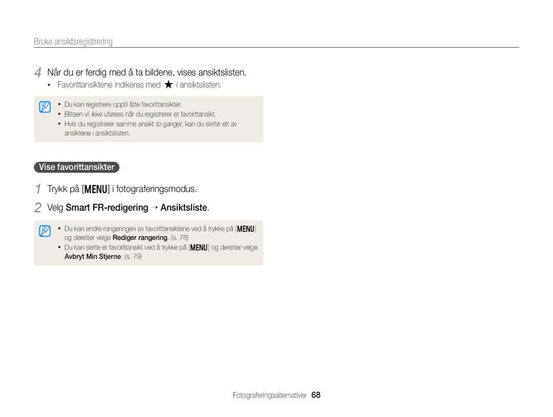 Samsung EC-WB150FBPWE2, EC-WB150FBPBE2 manual Når du er ferdig med å ta bildene, vises ansiktslisten, Vise favorittansikter 