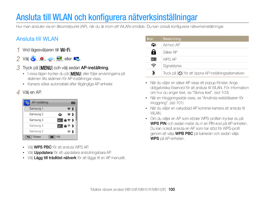 Samsung EC-WB150FBPRE2 manual Ansluta till Wlan och konﬁgurera nätverksinställningar, Vrid lägesväljaren till w Välj Eller 