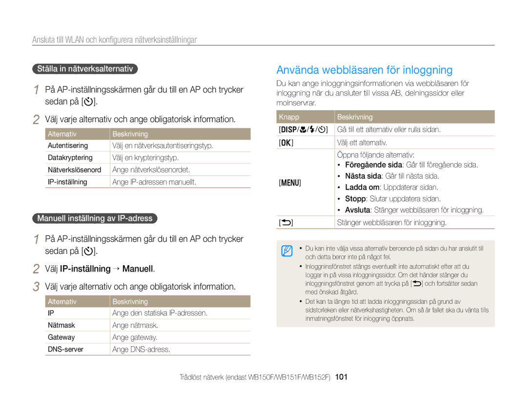 Samsung EC-WB150FBPWE2 manual Använda webbläsaren för inloggning, Ansluta till Wlan och konﬁgurera nätverksinställningar 