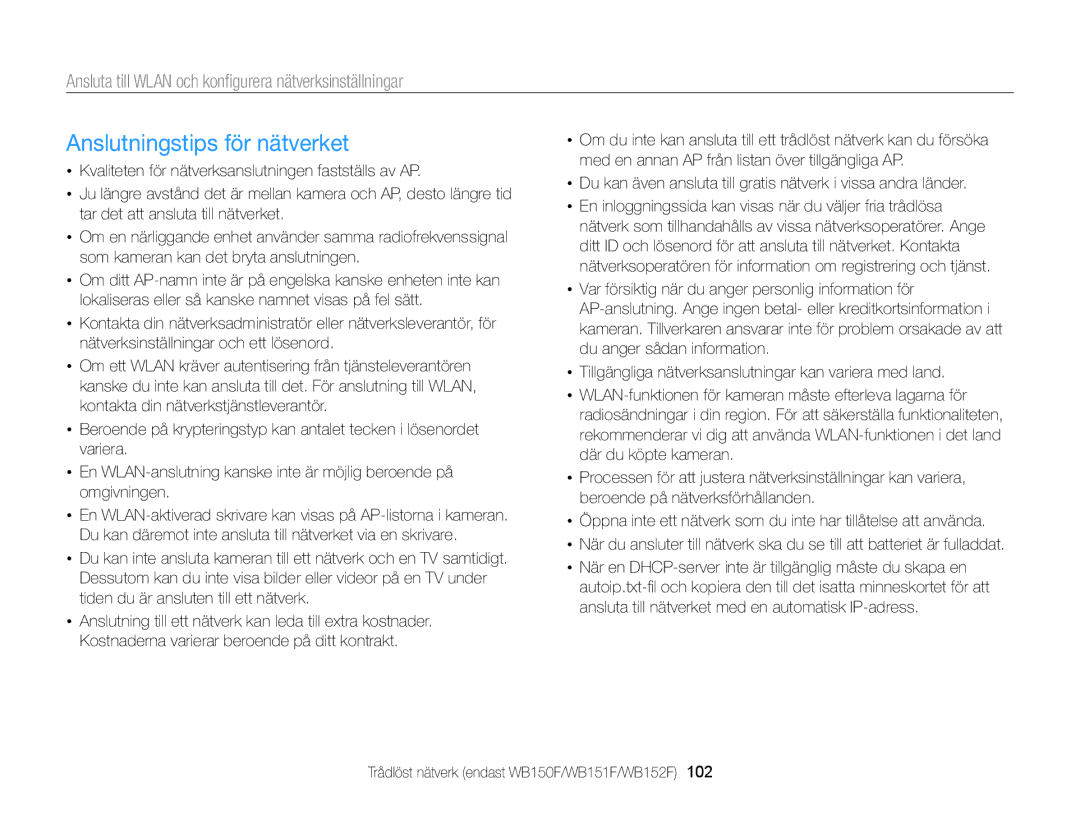 Samsung EC-WB150FBPBE2 manual Anslutningstips för nätverket, Du kan även ansluta till gratis nätverk i vissa andra länder 