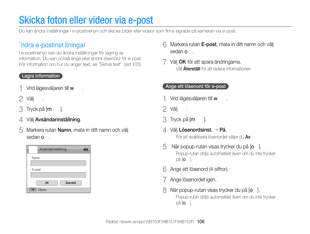 Samsung EC-WB150FBPRE2, EC-WB150FBPWE2 Skicka foton eller videor via e-post, Ändra e-postinställningar, Lagra information 