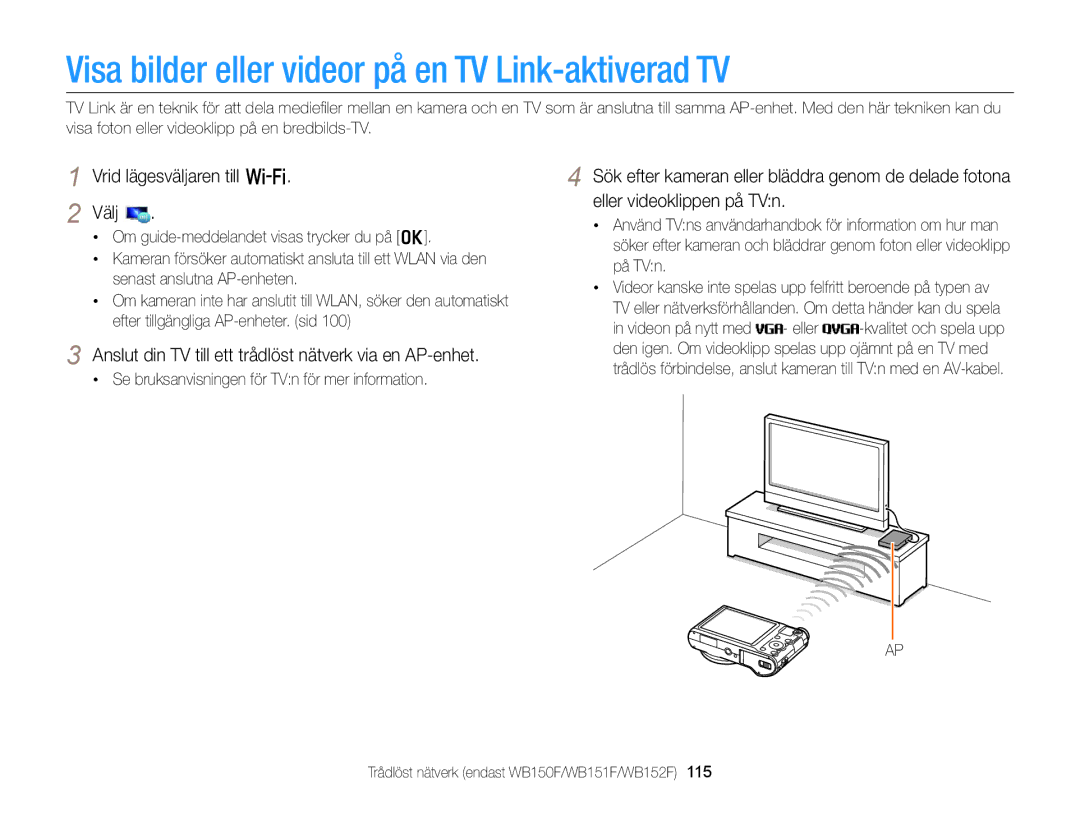 Samsung EC-WB150FBPRE2, EC-WB150FBPWE2, EC-WB150FBPBE2 manual Visa bilder eller videor på en TV Link-aktiverad TV 