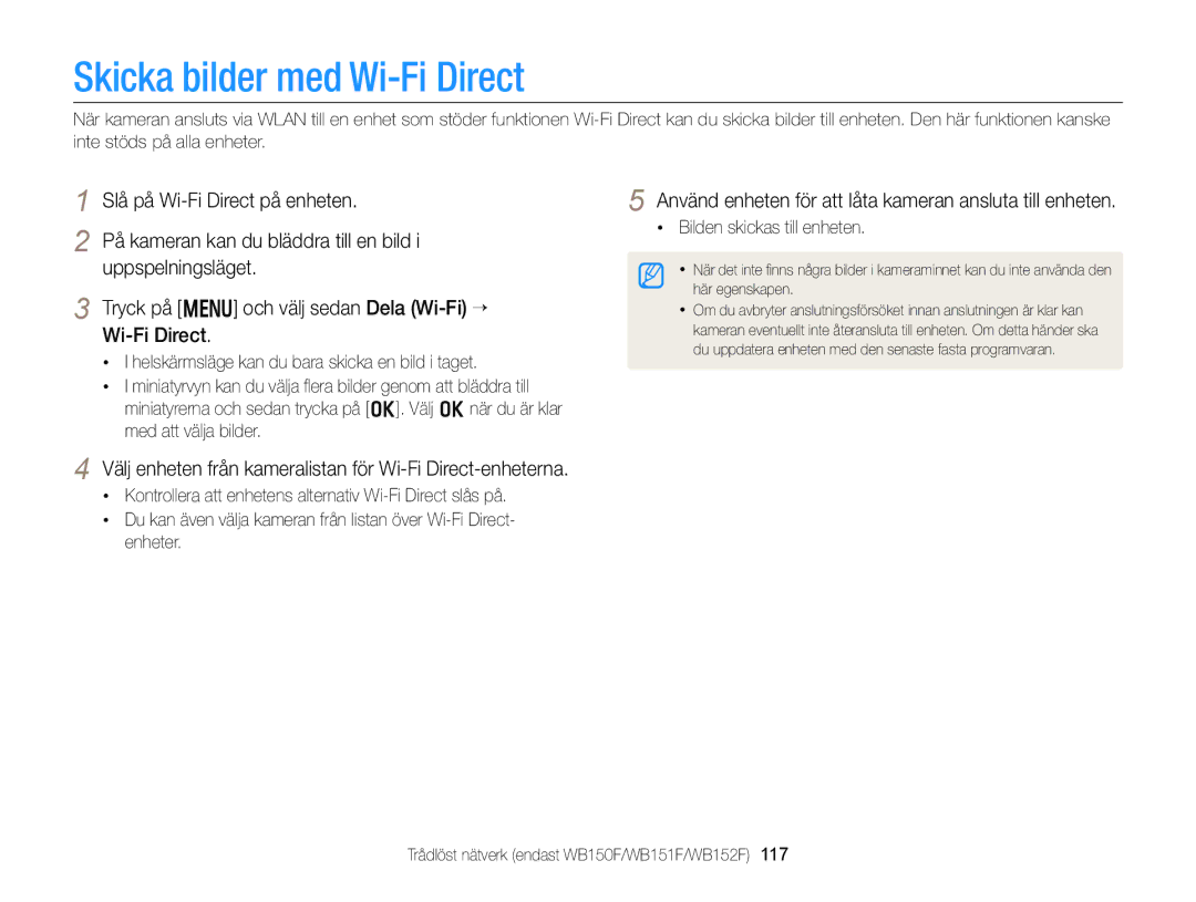 Samsung EC-WB150FBPBE2 manual Skicka bilder med Wi-Fi Direct, Använd enheten för att låta kameran ansluta till enheten 