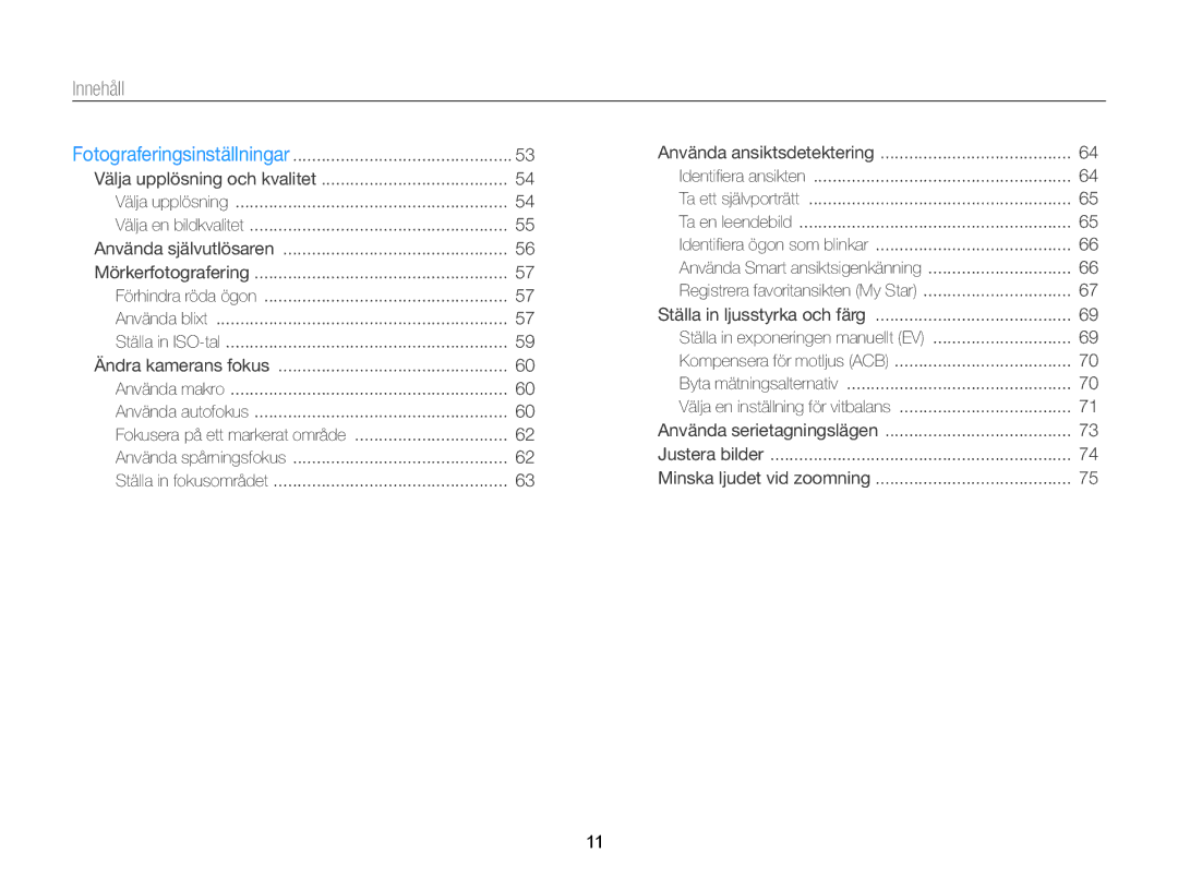 Samsung EC-WB150FBPWE2, EC-WB150FBPBE2, EC-WB150FBPRE2 manual Innehåll 