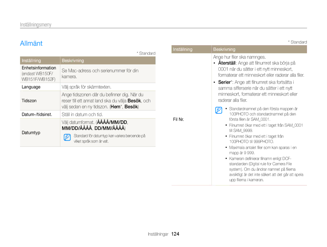 Samsung EC-WB150FBPRE2, EC-WB150FBPWE2, EC-WB150FBPBE2 manual Allmänt, Inställning 