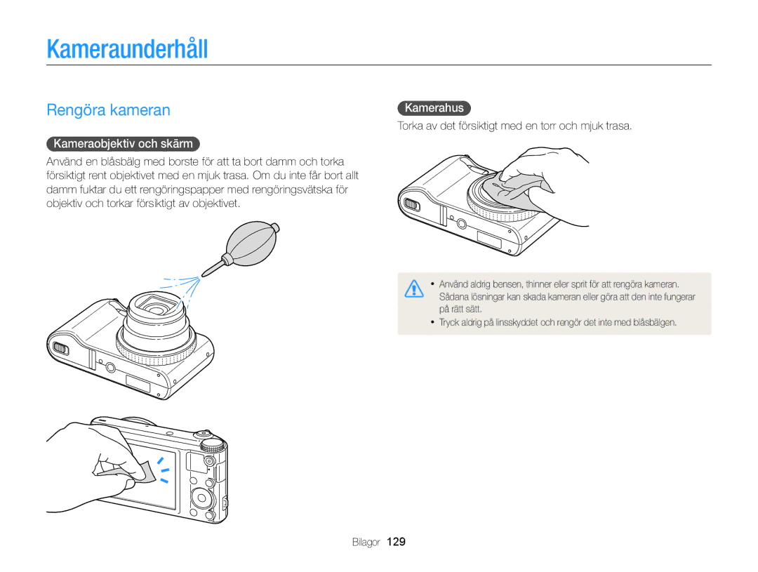 Samsung EC-WB150FBPBE2, EC-WB150FBPWE2 manual Kameraunderhåll, Rengöra kameran, Kameraobjektiv och skärm, Kamerahus 