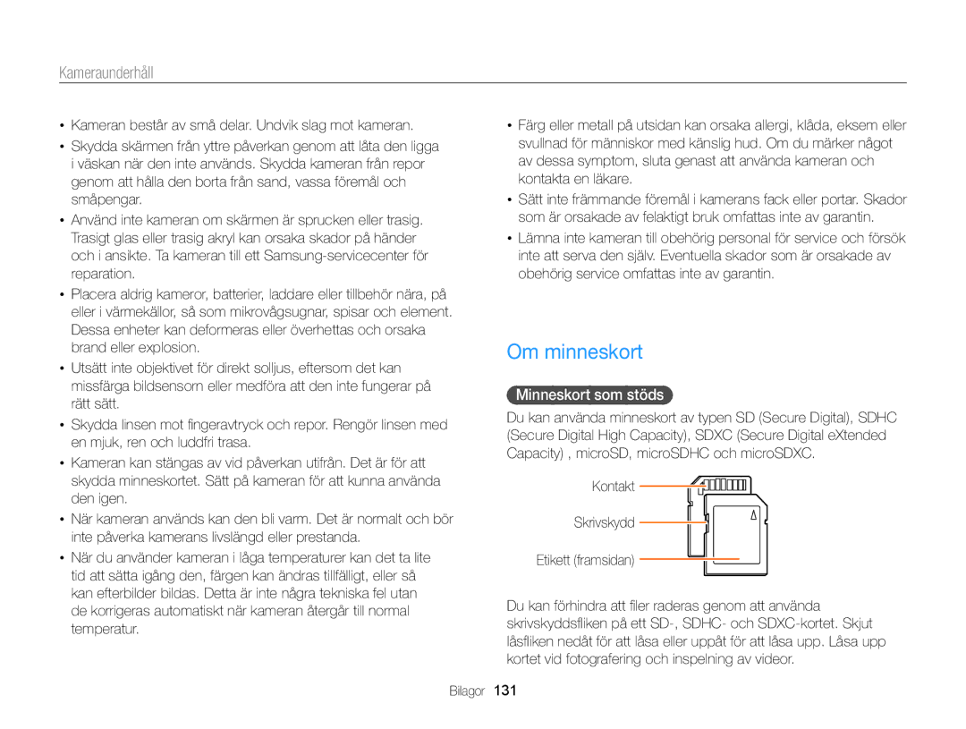 Samsung EC-WB150FBPWE2, EC-WB150FBPBE2 manual Om minneskort, Minneskort som stöds, Kontakt Skrivskydd Etikett framsidan 