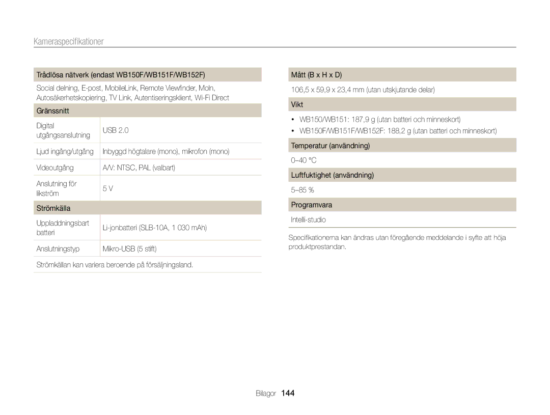 Samsung EC-WB150FBPBE2, EC-WB150FBPWE2 manual Trådlösa nätverk endast WB150F/WB151F/WB152F, Gränssnitt Digital USB, Batteri 