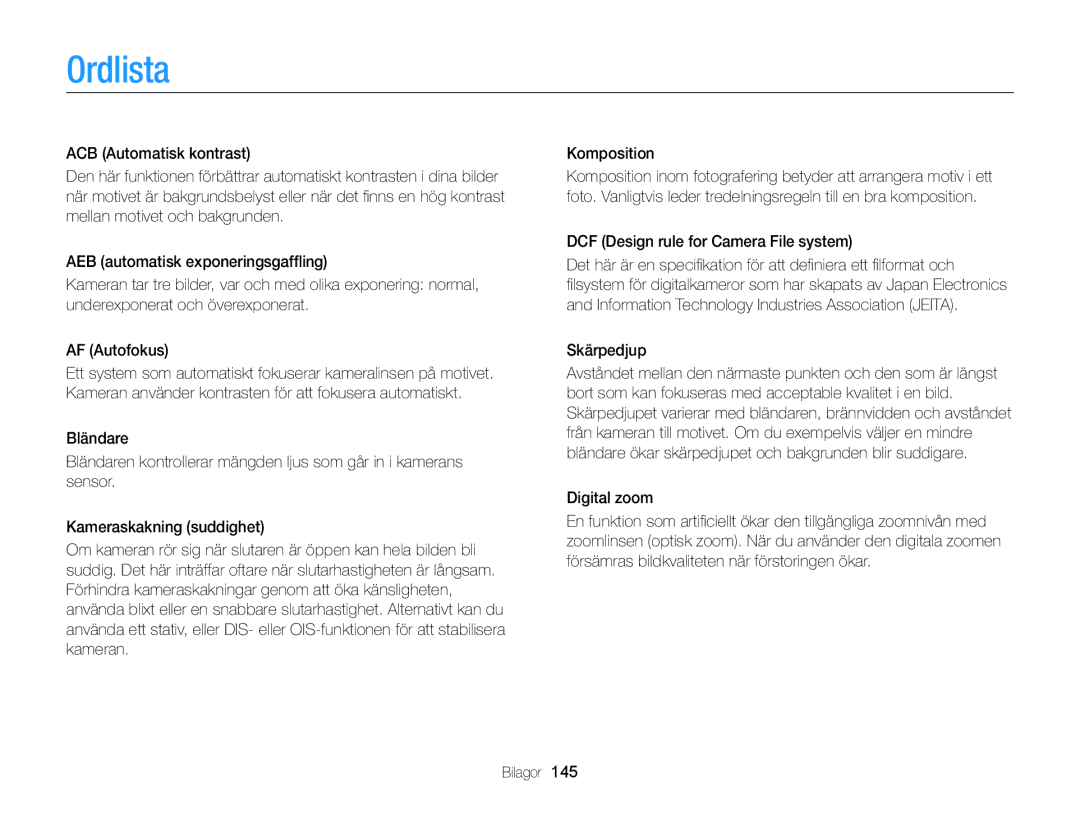 Samsung EC-WB150FBPRE2, EC-WB150FBPWE2, EC-WB150FBPBE2 manual Ordlista, DCF Design rule for Camera File system, Skärpedjup 